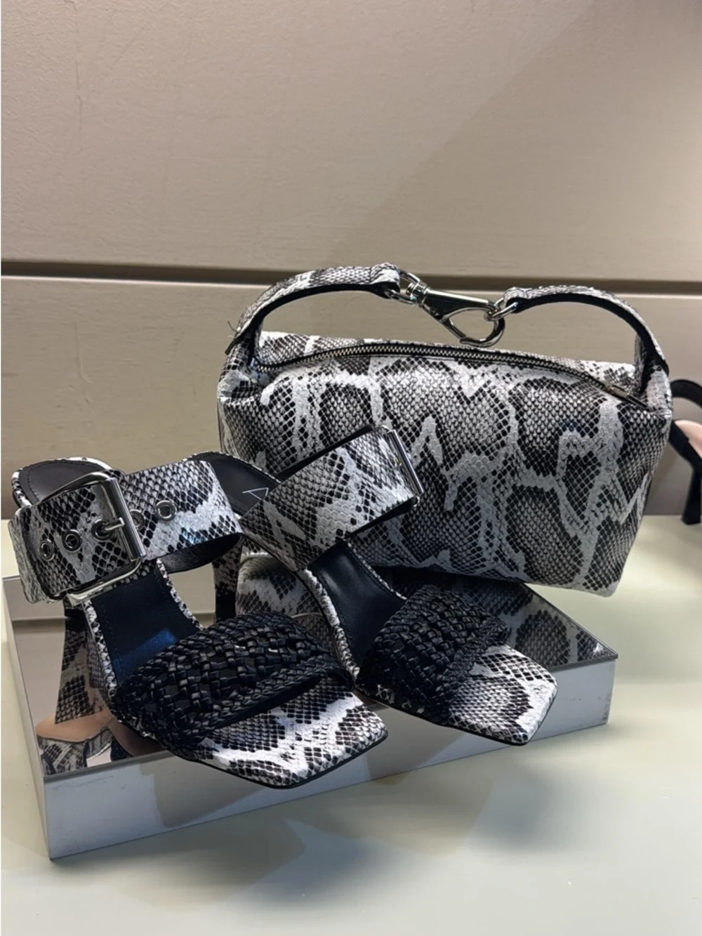 Agl snake print made in Italy Black & White Braided Strap Heeled Slides